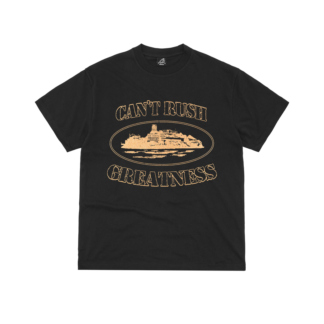 CORTEIZ X CAN'T RUSH GREATNESS TEE BLACK- GOLD